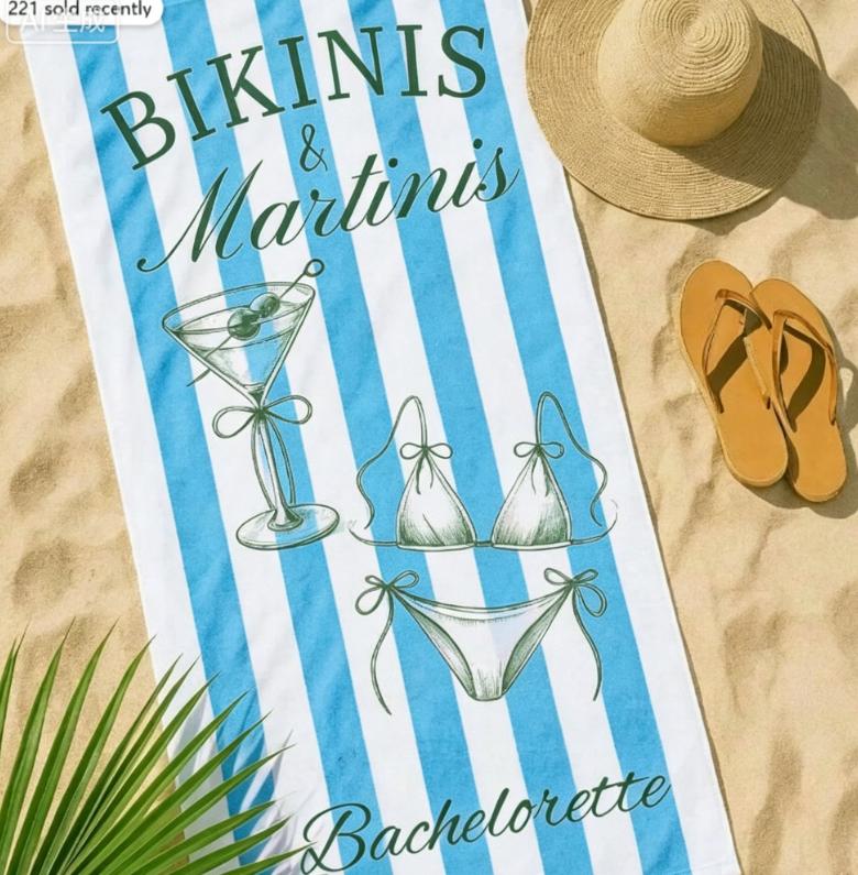 Bikinis And Martinis Bachelorette Towel Girls Trip Beach Towel Fun Vacation Keepsake Towel Friend Gift Honeymoon Vacation Towel