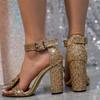 Летняя женская обувь, сандалии с открытым носком на толстом каблуке, сексуальные туфли на высоком каблуке, роскошные туфли для вечеринки с пайетками, женская свадебная обувь 35-42