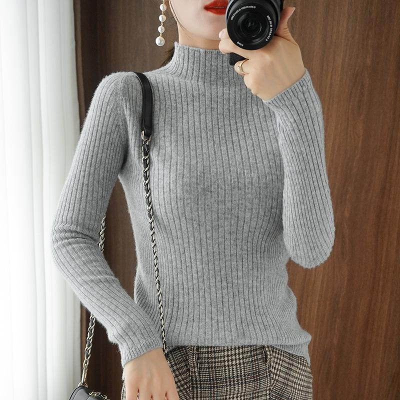 Женский свитер с полувысоким воротом, длинный рукав, тонкий внутренний пуловер, однотонный повседневный плотный вязаный свитер на осень и зиму