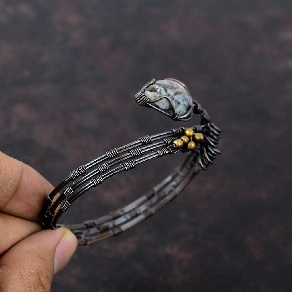 Браслет из драгоценного камня астрофиллит, браслет из медной проволоки, регулируемый браслет-манжета, ручная работа, ювелирные изделия из медной проволоки, подарок для матери, уникальный браслет