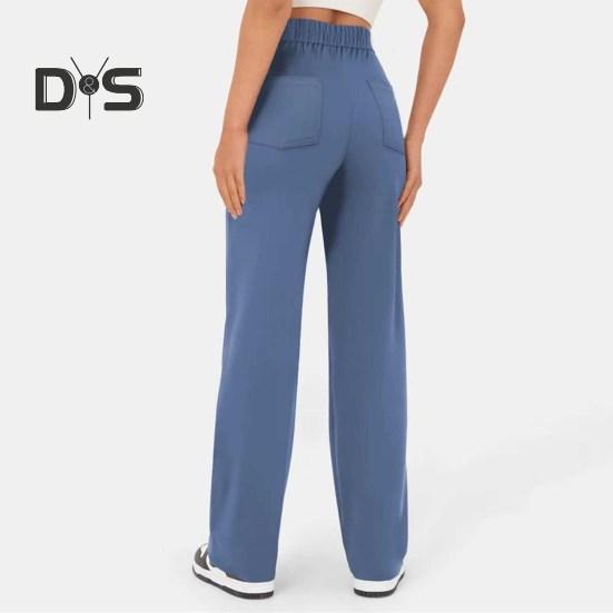 Women Pants Solid Color Elastic Waist Straight Leg Casual Trousers with Multi-Pocket Design Leisure Long Pants