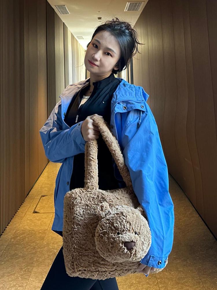 Autumn Winter Plush Bear Shoulder Bag Women Large Capacity Portable Laptop Tote Trendy Fashion Handbag