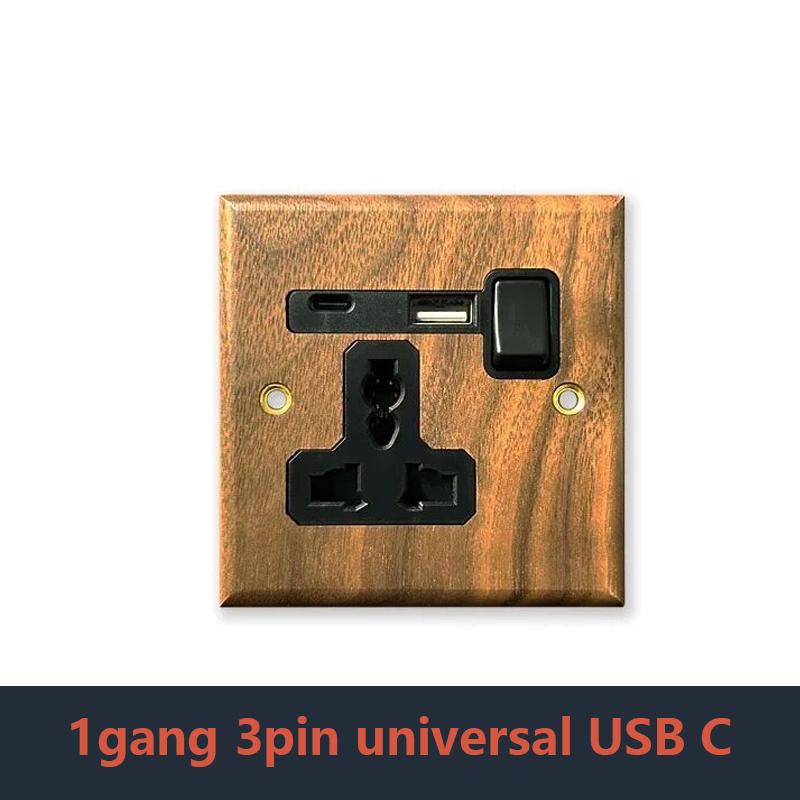 Retro Uk 13A Wall 2gang2way Light Switch,antique Villa High Power USB C Fast Charging Solid Wood Socket,home Speed Dimming Panel
