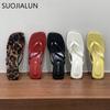 Fashion SUOJIALUN 2025 Summer New Brand Women Slipper Fashion Narrow Band Slip On Flip Flop Shoes Square Med Heel Dress Slides Shoes