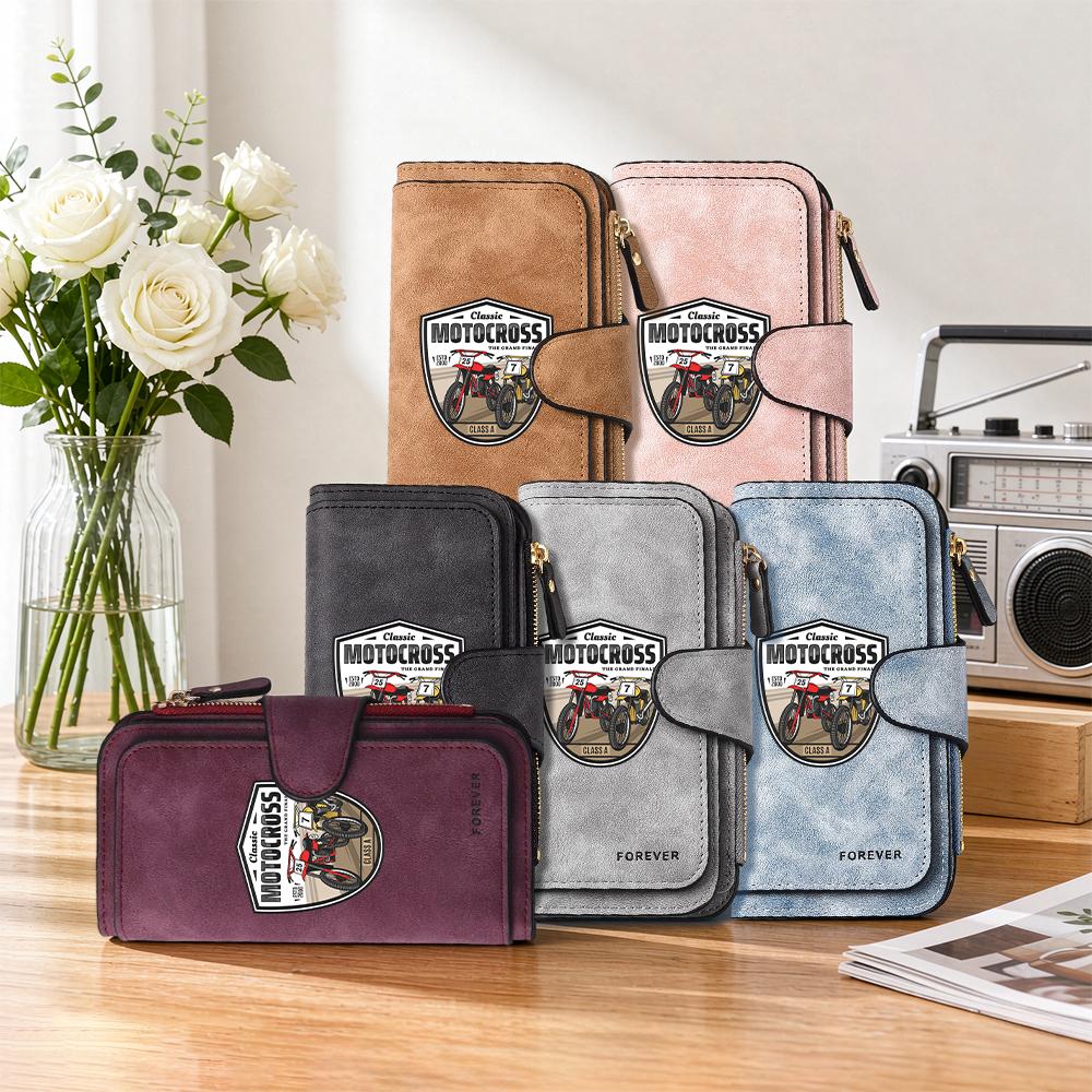 Classic Motocross Pattern Leather Long Wallet Multi Card Slots Vintage Purse for Daily Use