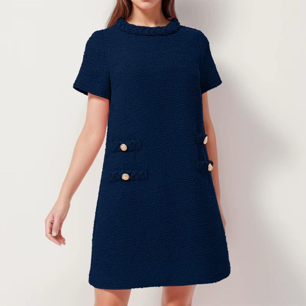 Women Sweet French Style Short Dresses Elegant Tweed Solid Color Button Up Pullover Midi Dress Office Lady Short Formal Dresses