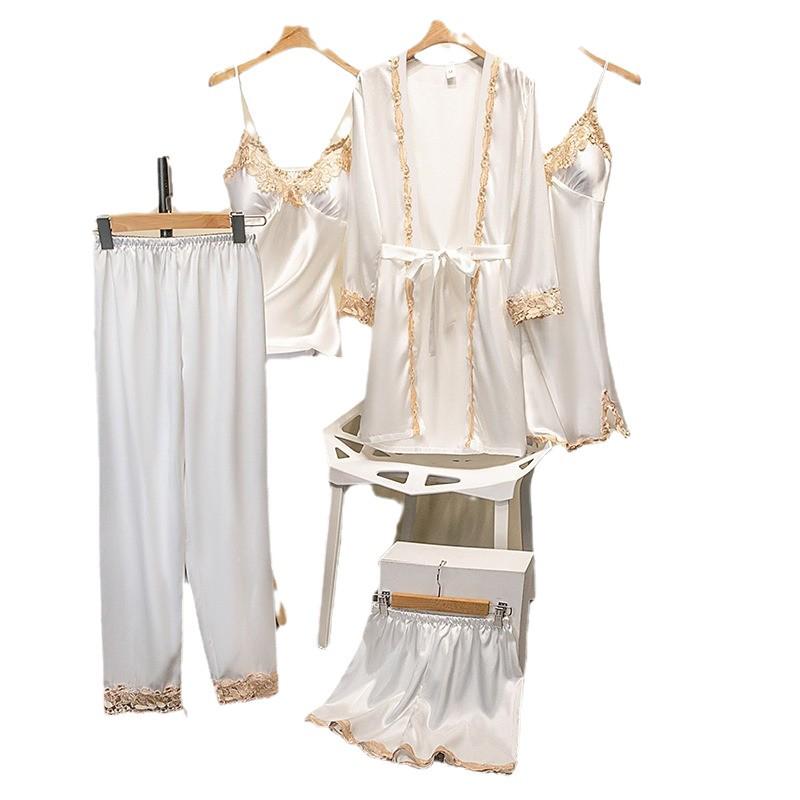 Шелковый цветочный комплект пижамы: Золотой топ-камисоль из 5 предметов со встроенным бюстгальтером