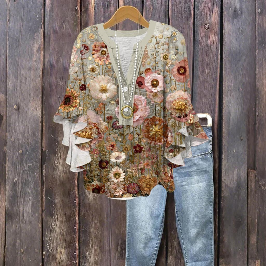Women's Fashion Button V-Neck Ruffle Seven Sleeve Blouse Floral Printed Top
