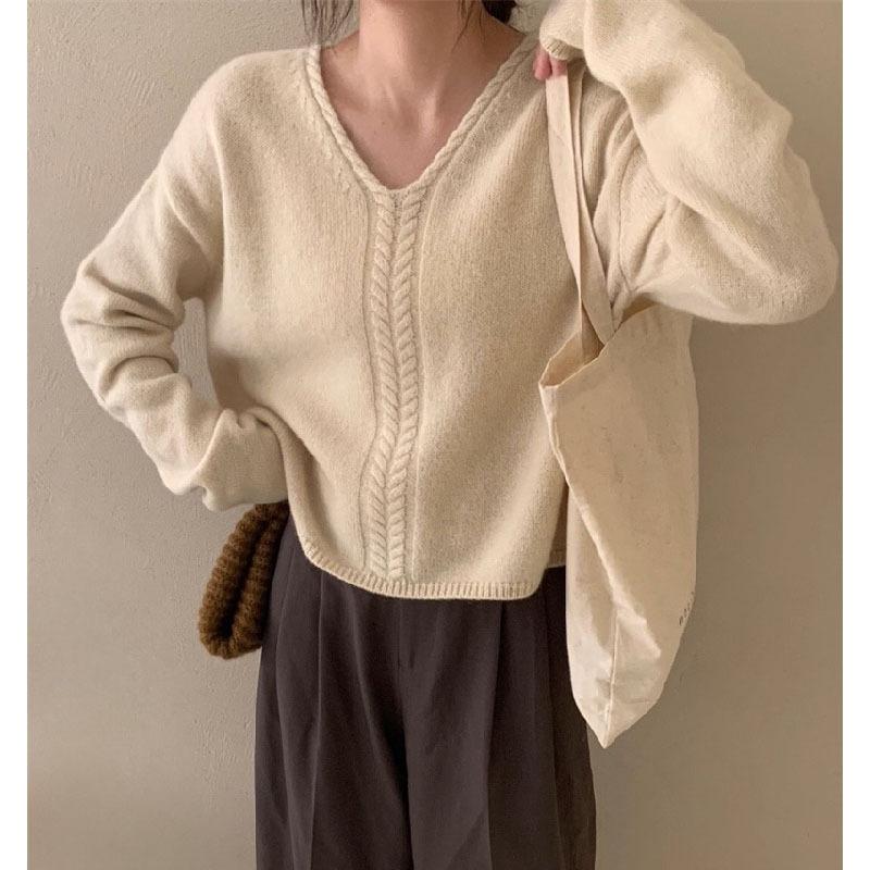 Women's V-neck Pullover Sweater Autumn and Winter New Loose Knit Sweater for Women