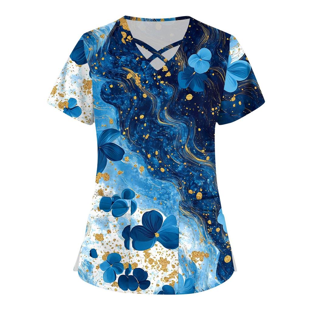 Women's Short Sleeve Stagger V Neck Print Pocket Dry-nurse Top