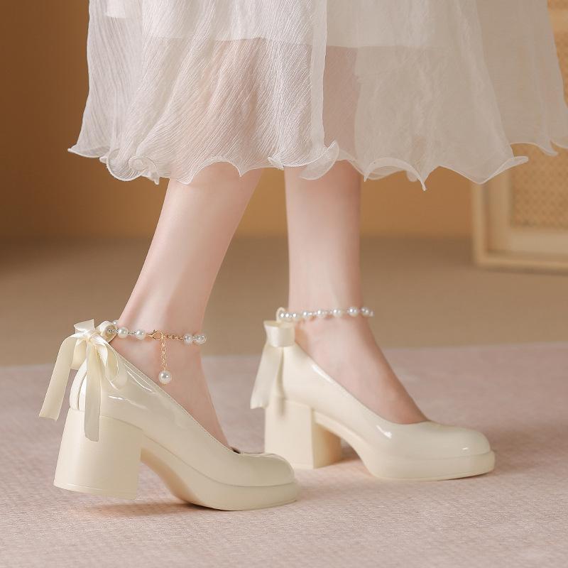 Soft Sole Single Shoes Women's Light Mouth Leather Shoes Medium Heel Thick Heel High Heels Black Work Shoes Square Head Office Comfortable Front Desk