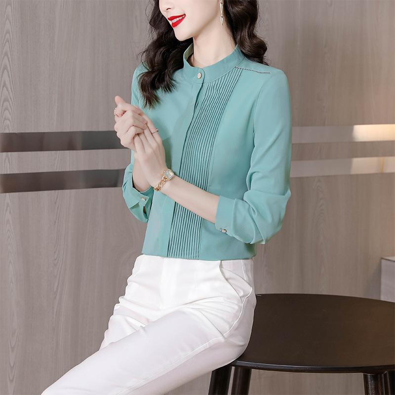 Новая демисезонная рубашка для通勤 с воротником-стойкой, плиссированная однобортная, универсальная с длинным рукавом, базовый слой для женщин