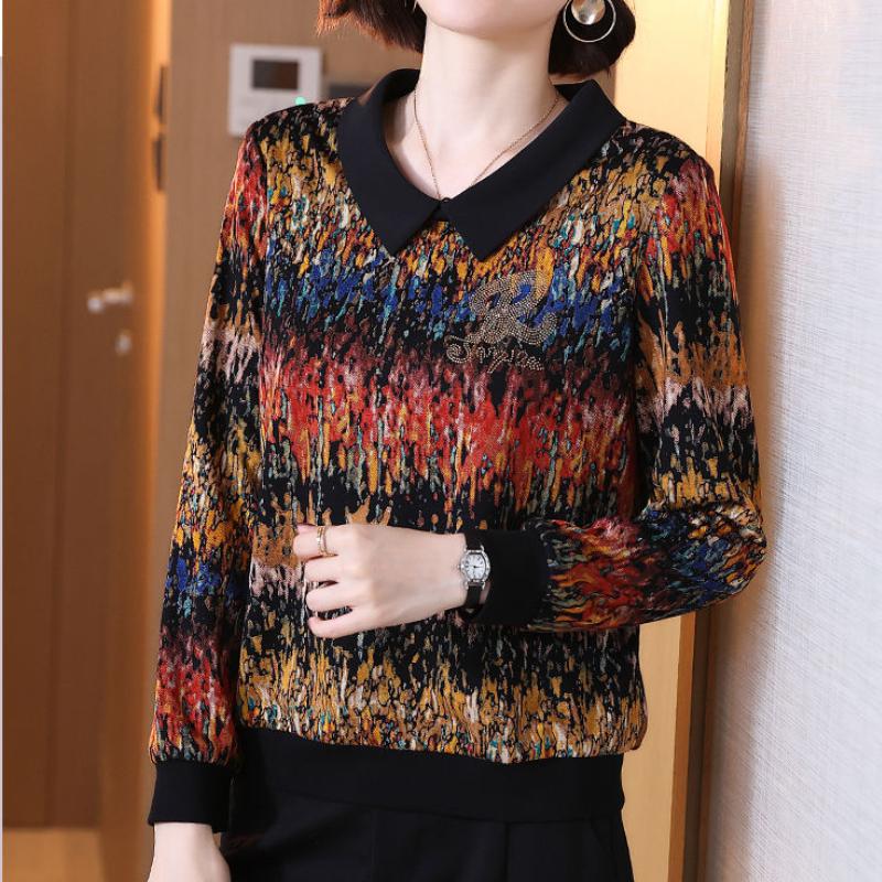 Весна Осень Винтажная Расписанная вручную Блузка Контрастных Цветов Длинный Рукав Модный Воротник Питер Пэн Свободная Лоскутная Рубашка Ромбы