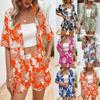 2025 Floral Print Women's Short-Sleeve Shirt and Elastic Waist Shorts Set