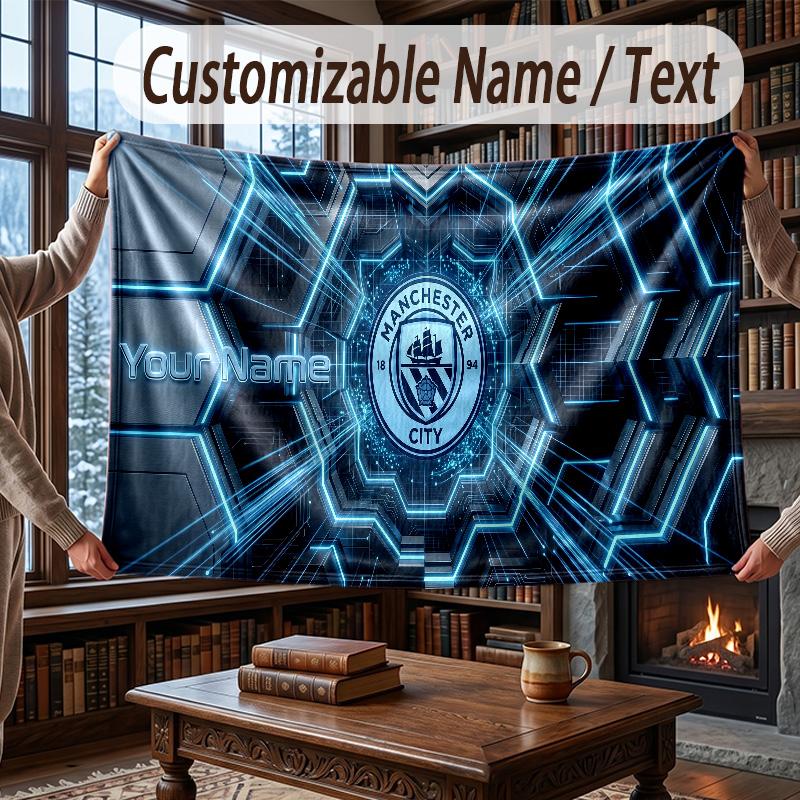 Custom Name Flannel Throw Blanket Manchester City Pattern Warm Home Decoration