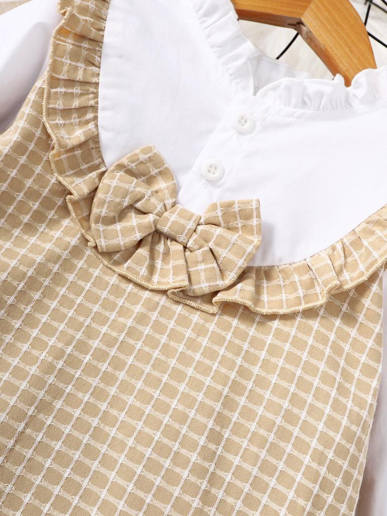 2Pcs Kids Girls Clothes Dress Outfit Ruffle Blouse + Plaid Bow Suspender Autumn Dress Set for 1-5 Years Children's Clothes Set