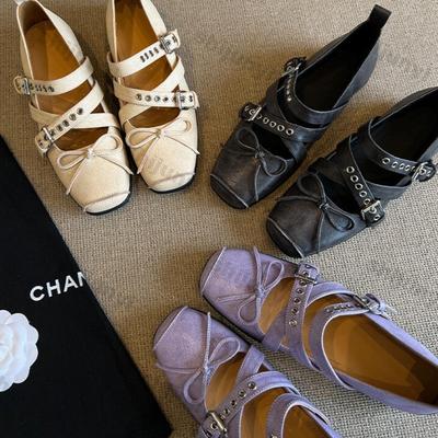 Женская ретро обувь из натуральной кожи 2025 Новые туфли-балетки с мелким вырезом Женские туфли Мэри Джейн на плоской подошве с квадратным носком и перекрестной пуговицей