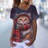 Fashion Cat T-Shirt Women's V Neck Tees Top Vintage Red Christmas Clothes Summer Chic Oversized Femele Clothing 2023 New Tee
