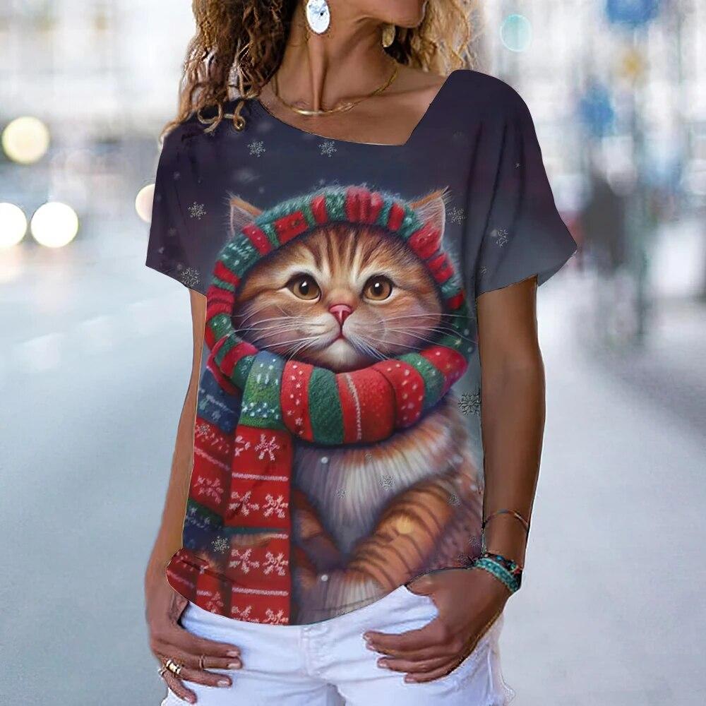 Fashion Cat T-Shirt Women's V Neck Tees Top Vintage Red Christmas Clothes Summer Chic Oversized Femele Clothing 2023 New Tee