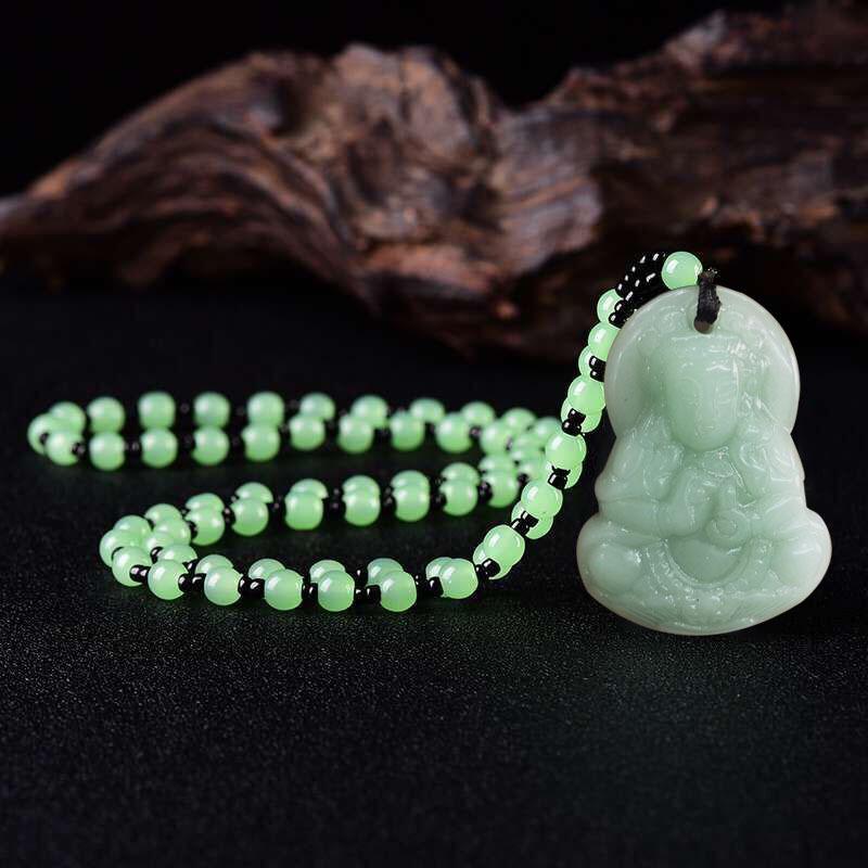 Ethnic Style Imitation Malachite Guanyin Buddha Sweater Chain Necklace for Men & Women