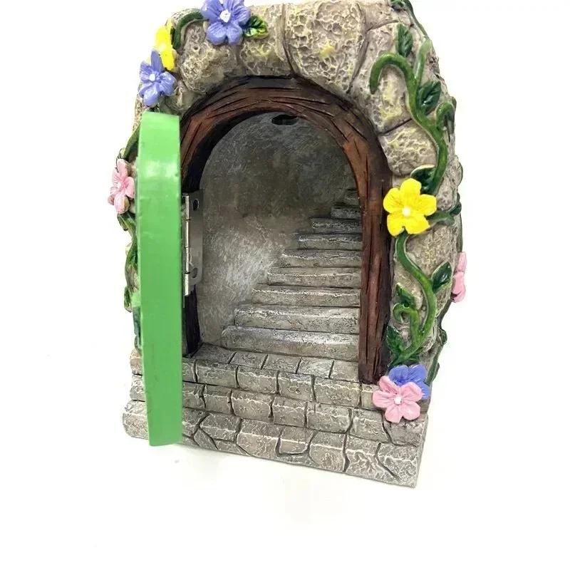 Fairy Gnome Door Figurines Elf Home Wooden Fairy Garden Door Art Tree Sculpture Statues Ornament Outdoor Decoration Miniatures