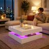 LED Coffee Table with Storage, 2-Tier Modern Centre Table with Open Shelf and Remote for Living Room, High Gloss White