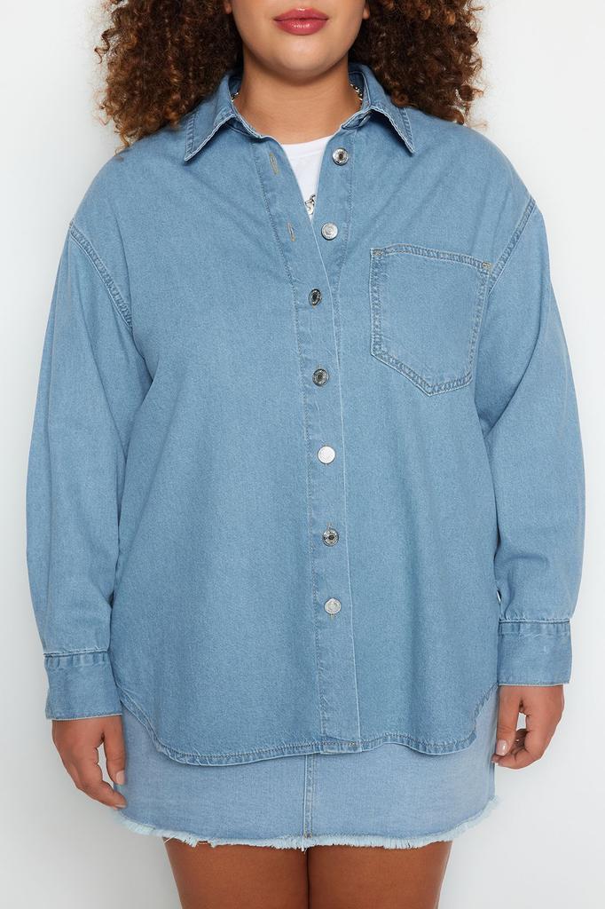Женский стиль, большие размеры, голубая джинсовая рубашка оверсайз