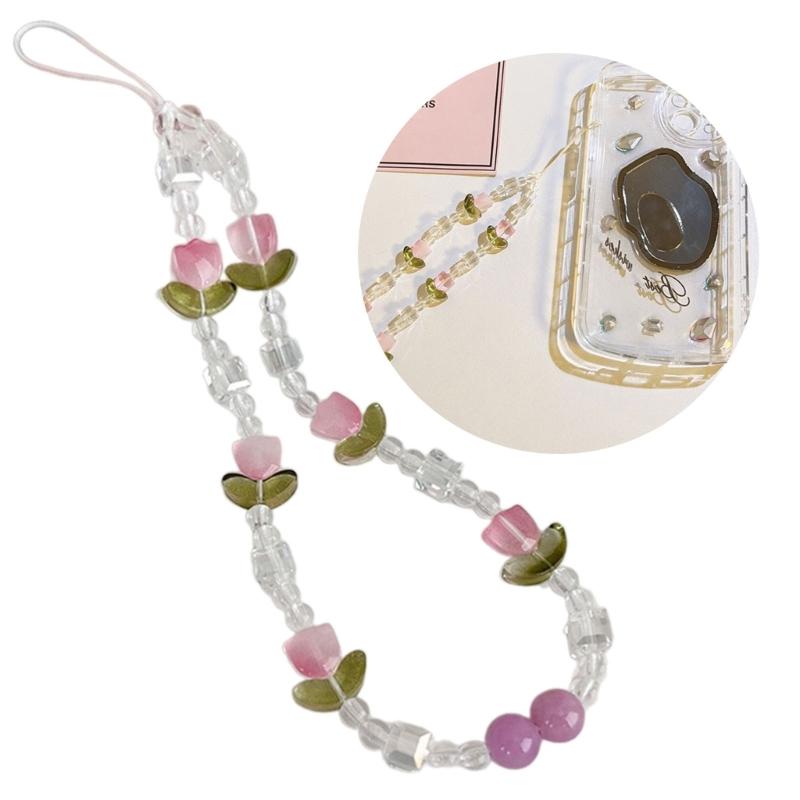Colorful Floral Bead Phone Lanyard Pearls Wristlet Charm Strap Flower Phone Charm Strap Portable Chain for Smartphones