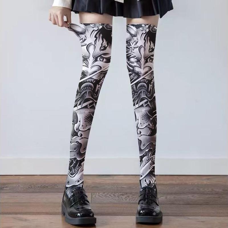 Модные носки с татуировкой на бедрах, чулки с принтом, девушки Лоли, японские сексуальные чулки, тонкие модели, разные размеры