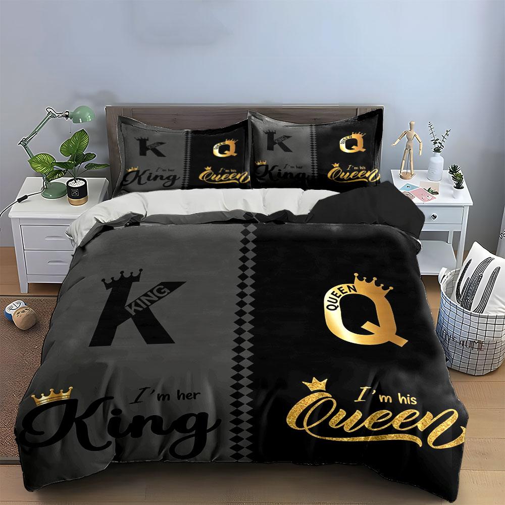 3 шт. Комплект постельного белья King Queen Красный Черный Серый Золотой Корона Пододеяльник + 2 Наволочки Комплект постельного белья для Домашнего декора Двуспальная кровать Постельное белье