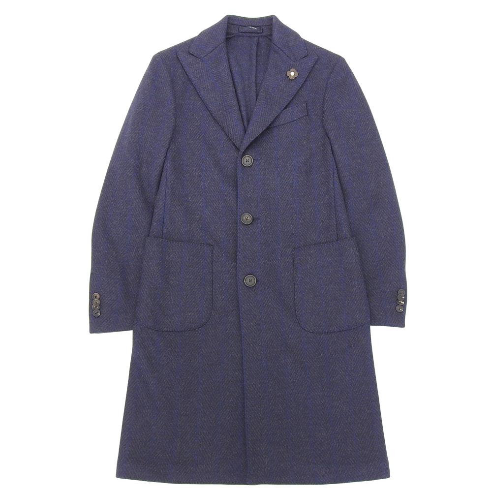 LARDINI Мужское пальто честерфилд из шерсти в елочку с пиковым лацканом в отличном состоянии, темно-синее, размер 44, JS23679Q44 пальто 44 Темно-синийБ/У