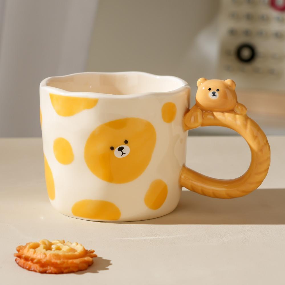 Cartoon Bear Embossed Ceramic Cup with Handle Single Cup Cute Girl Office Drinking Mug High Temperature Resistant Gift Cup