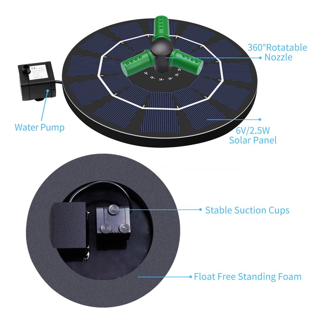 Солнечная фонтанная помпа мощностью 2,5 Вт с вращающейся на 360 градусов насадкой, фонтан на солнечной энергии, отдельно стоящий водяной насос