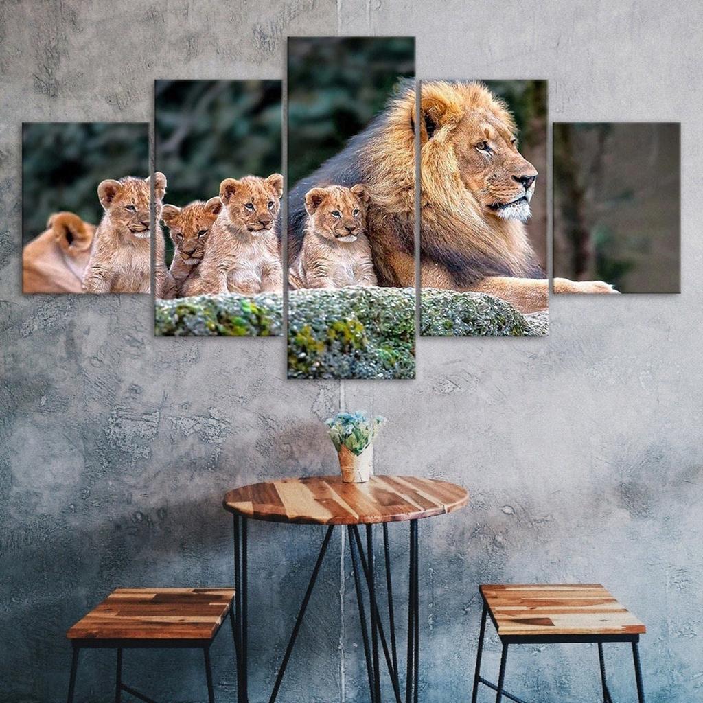 Lion Family Scene 5 Piece Five Panel Wall Canvas Print Modern Art Poster Home Decor Gift For Him For Her