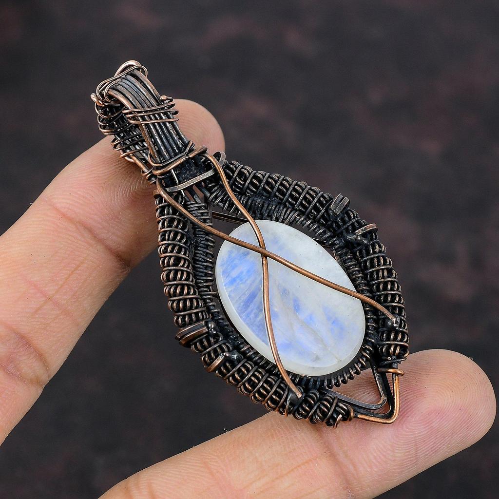 Радужный кулон с лунным камнем, медная проволока, кулон с драгоценным камнем, дизайнерский кулон, ювелирные изделия из лунного камня, кулон ручной работы, медные украшения для подарка