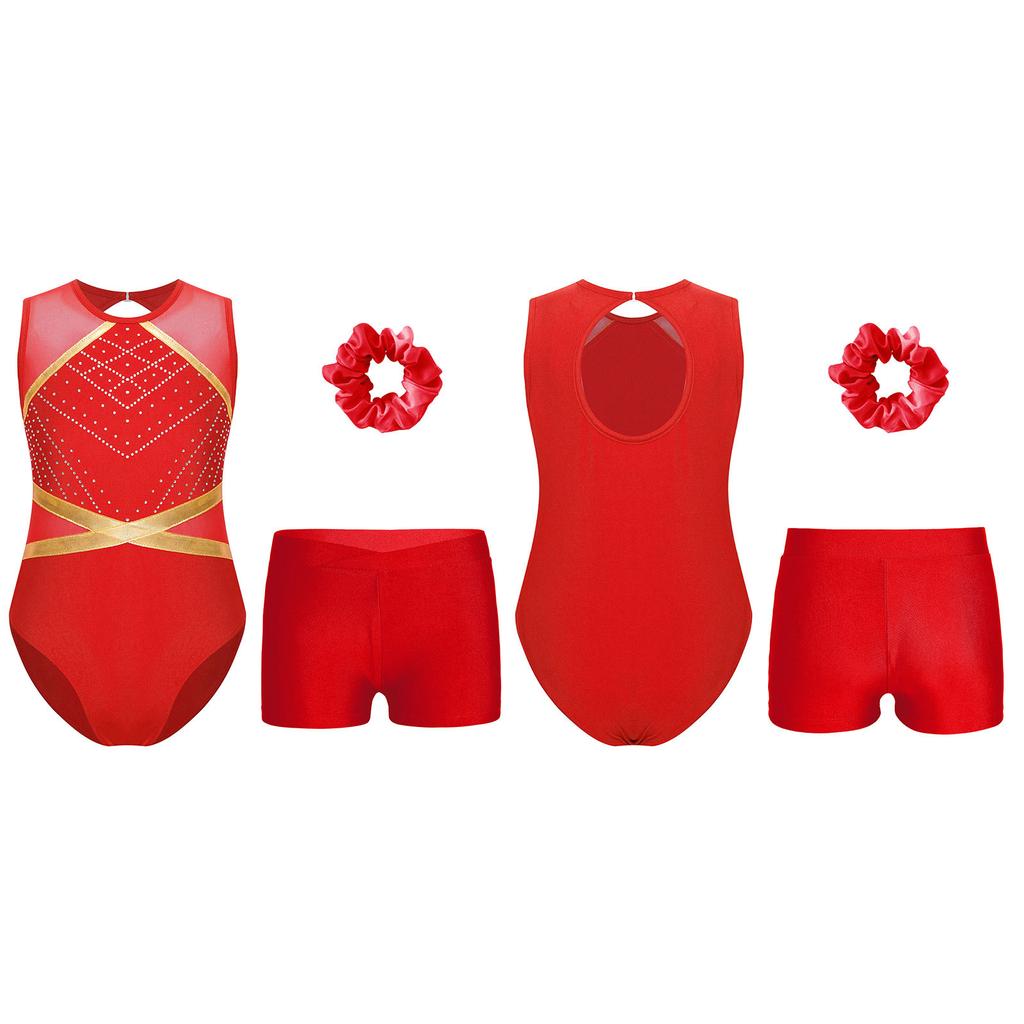 Детский гимнастический костюм для девочек, безрукавка с вырезом-замочной скважиной сзади, блестящие стразы, купальник с V-образным вырезом спереди, шорты, резинка для волос, головной убор