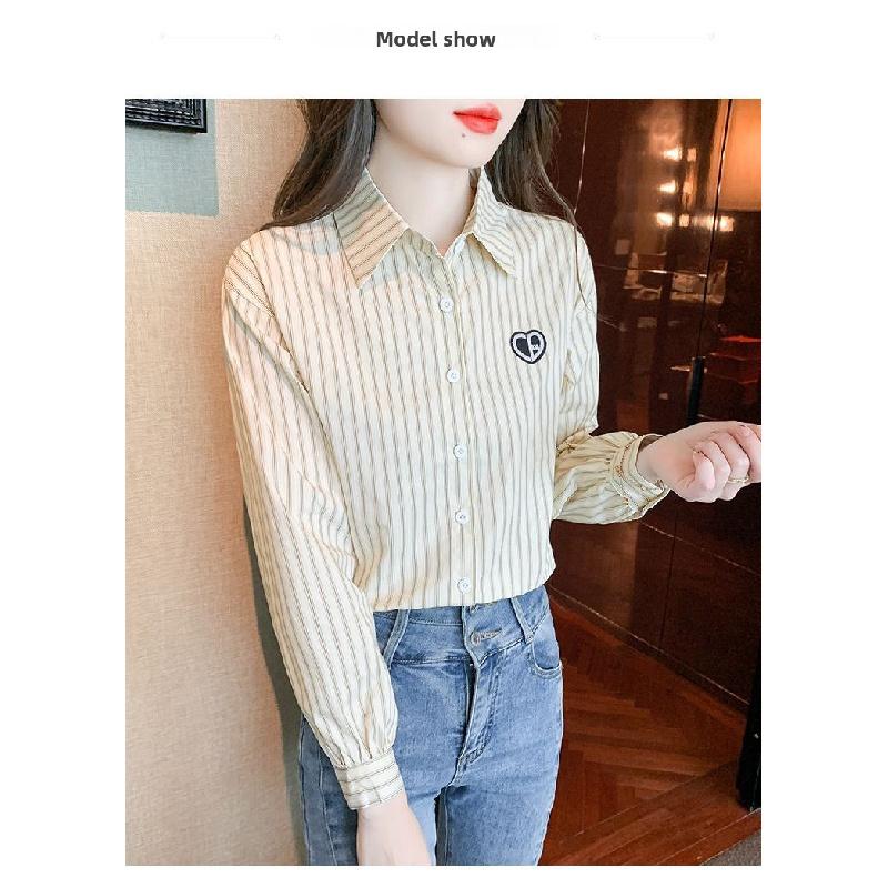 2026 New Women's Embroidered Cotton Shirt, Fashionable and Youthful Striped Long Sleeve Blouse