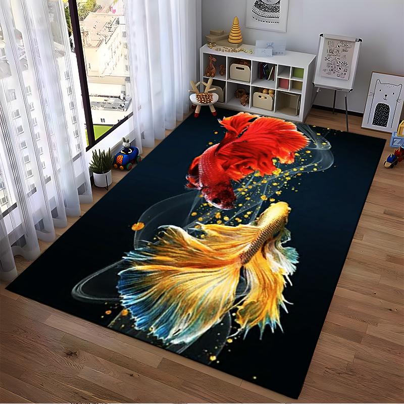Colorful Betta Fish Design Carpet with Black Background, Living Room Decor Suitable for use as an anti-slip for living room bedroom sofas