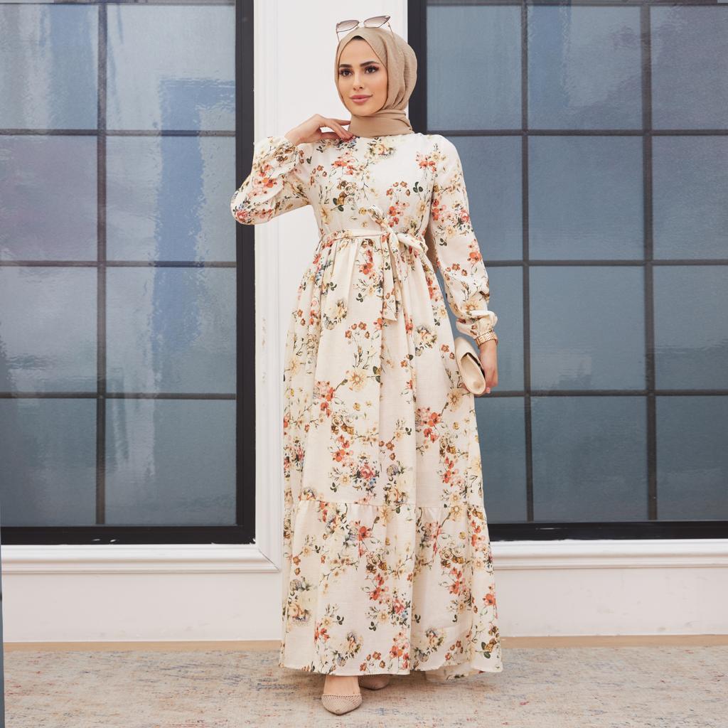 Женское льняное платье с цветочным узором, летнее исламское мусульманское платье с длинным рукавом и поясом, Абая, новый сезон, на подкладке, сделано в Турции