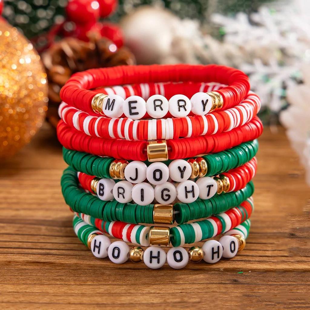 Salircon Cute Christmas Soft Ceramic Elastic Bead Bracelet Set for Women Trendy Simple Rope Chain Bangle Couple New Jewelry Gift