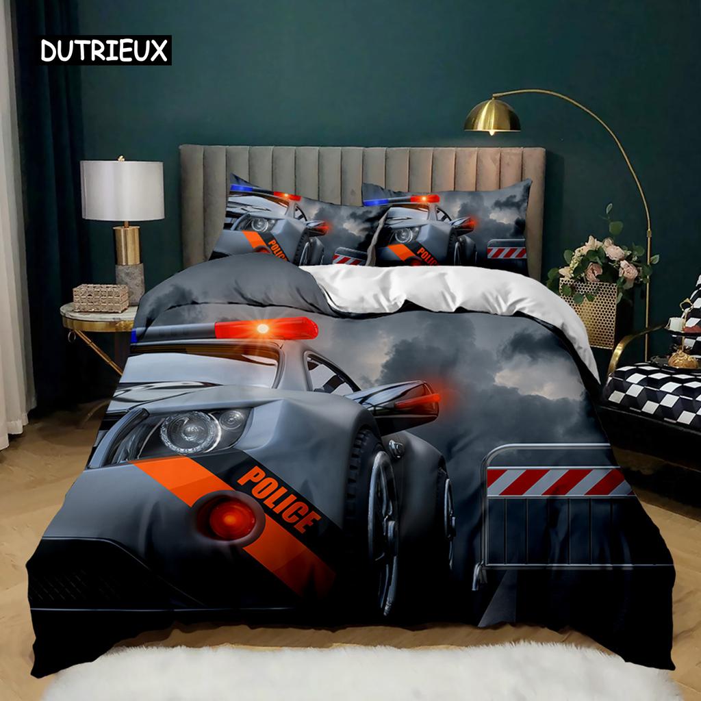 Пододеяльник с изображением полицейской машины, черный комплект постельного белья с изображением полицейской машины, чехол для одеяла с изображением мультяшного транспортного средства, красный чехол для пододеяльника с изображением полицейских огней из полиэстера