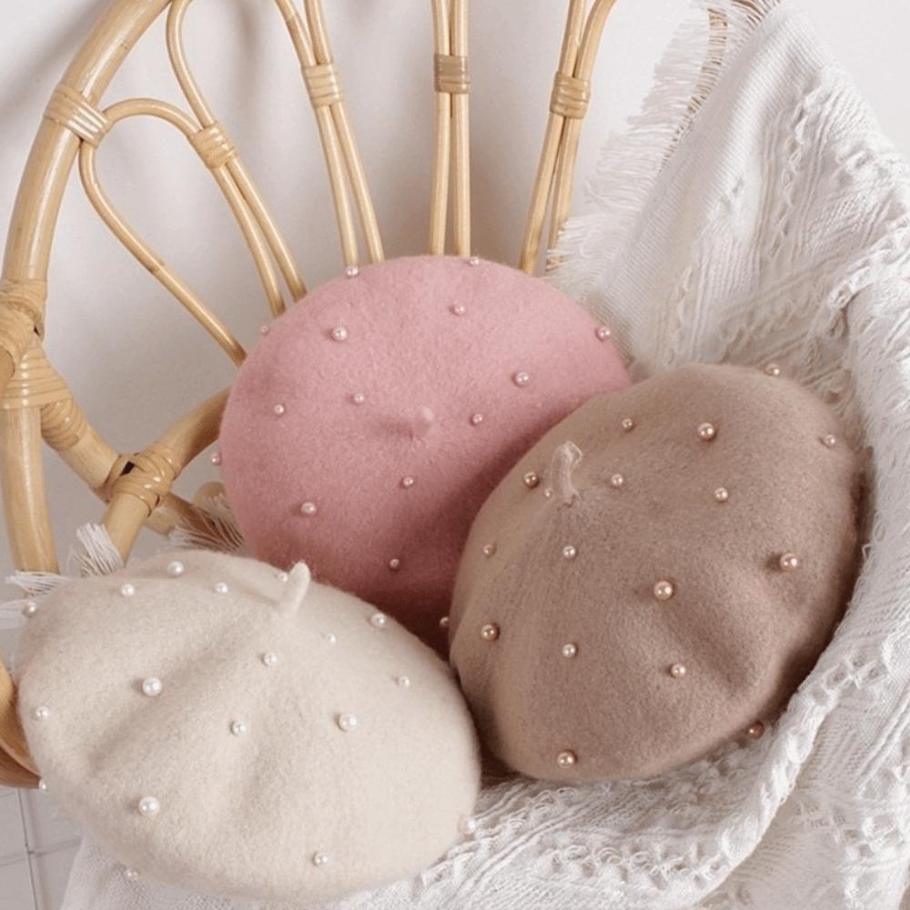 Pearl Children's Beret Woolen Painter Hat Fashion Baby Wool Hat  Kid