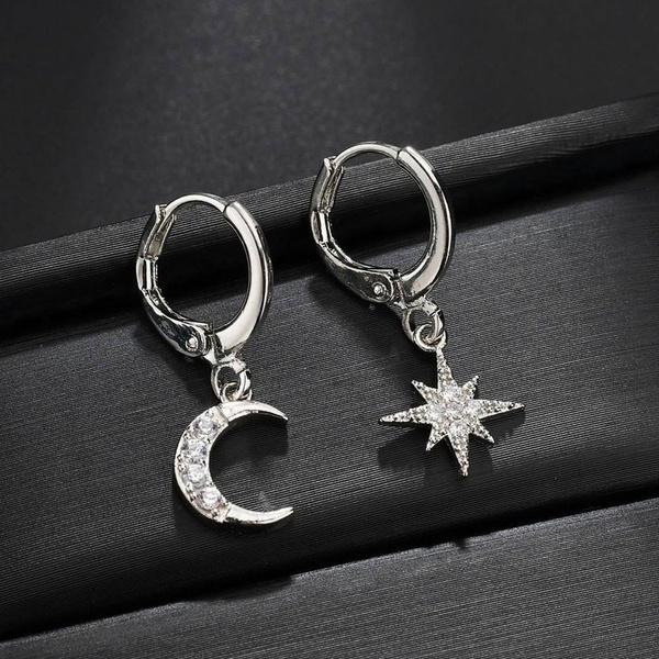 New Exquisite Sterling Star Moon Zircon Hoop Earrings Women Fashion Pendant Earrings Jewelry