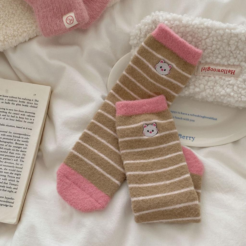 Женские теплые осенне-зимние гольфы с принтом в горошек, с мультяшной вышивкой и бантом