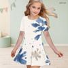 Girls Round Neck Short Sleeve Abstract Floral Printed A Line Flared Dress