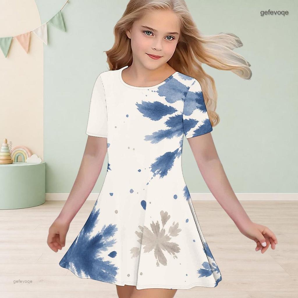 Girls Round Neck Short Sleeve Abstract Floral Printed A Line Flared Dress