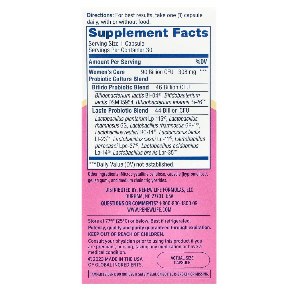 Renew Life Women's Wellness, Women's Care Probiotic, 90 Billion CFU, 30 Veggie Capsules