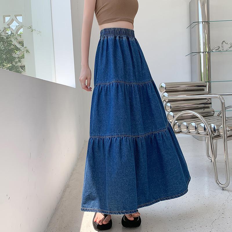 Cake Denim Skirt Women's Elastic High Waisted Solid Color A-line Skirt Commuting Harajuku Style 2025 Spring New Fashion