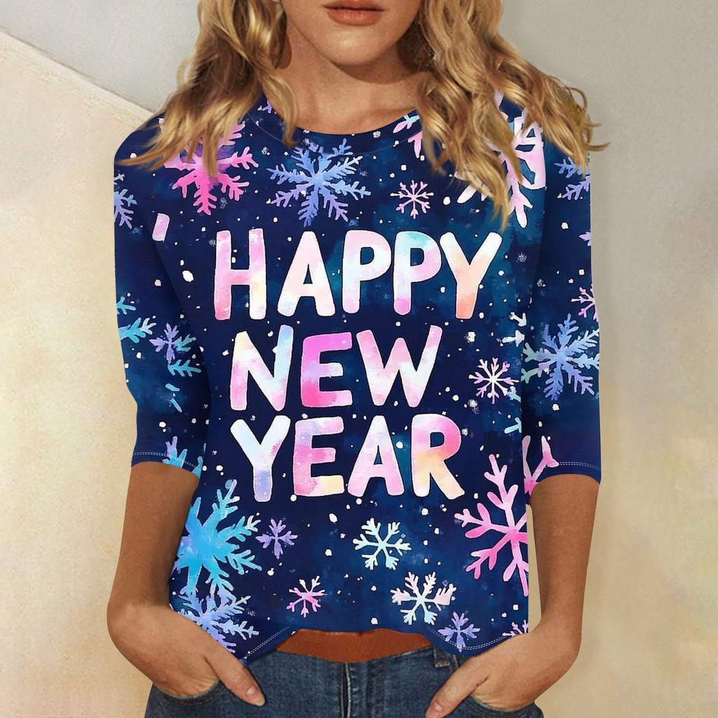 Женская мода повседневная новогодняя принтованная круглая горловина с рукавом три четверти топ Новый год 2025