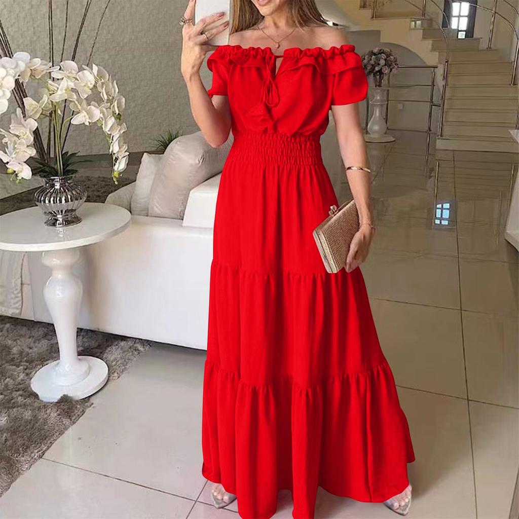 Women's Summer Casual Solid-color Tie Dress With Fringes, Strapless Cuffs And Puffed Sleeves